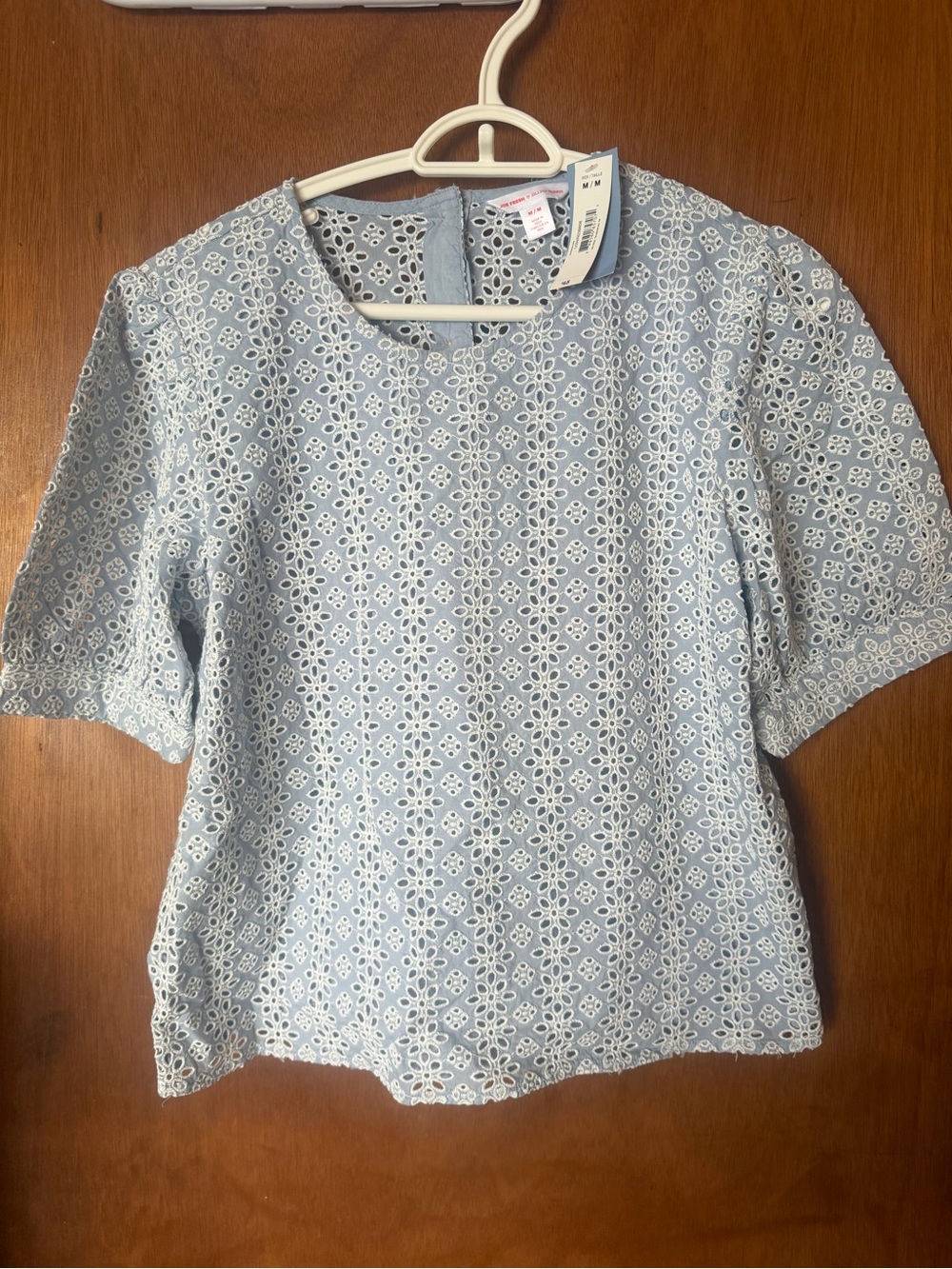 Joe Fresh x Jillian Harris Light Blue Eyelet Lace Short Sleeve Blouse